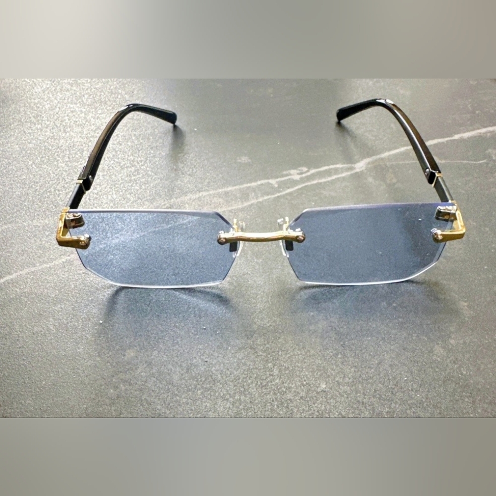 Rimless Blue Lens Men's Sunglasses with Gold Accents
